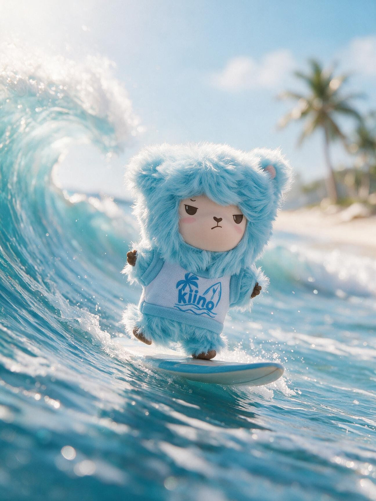 Alpakiino Emotion Cache vinyl-face plush pendant, Surfing, lifestyle scene